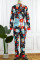 Red Casual Living Print Patchwork Zipper Collar Skinny Jumpsuits
