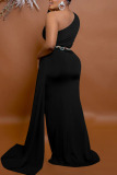 Black Elegant Solid Patchwork Oblique Collar Evening Dress Dresses