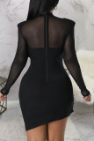Black Sexy Solid Patchwork Asymmetrical O Neck Pencil Skirt Dresses
