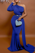 Colorful Blue Elegant Solid Patchwork Oblique Collar Evening Dress Dresses