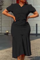 Black Casual Solid Patchwork V Neck Trumpet Mermaid Dresses