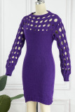 Purple Sexy Solid Hollowed Out Patchwork Half A Turtleneck Pencil Skirt Dresses