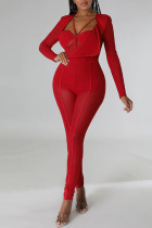 Red Sexy Solid Patchwork See-through Asymmetrical Collar Skinny Jumpsuits