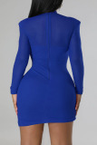 Colorful Blue Sexy Solid Patchwork Asymmetrical O Neck Pencil Skirt Dresses