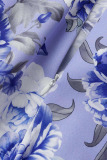 Blue Elegant Print Bandage Patchwork Ribbon Collar Long Sleeve Two Pieces