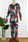 Red Casual Living Print Patchwork Zipper Collar Skinny Jumpsuits