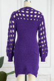 Purple Sexy Solid Hollowed Out Patchwork Half A Turtleneck Pencil Skirt Dresses