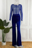 Blue Sexy Solid Patchwork See-through Hot Drill O Neck Straight Jumpsuits