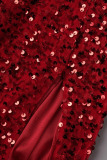 Red Sexy Solid Hollowed Out Sequins Patchwork Slit Oblique Collar Long Dress Dresses