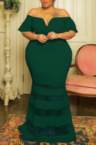 Green Sexy Formal Solid Patchwork See-through Off the Shoulder Evening Dress Plus Size Dresses