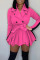 Khaki Casual Solid Patchwork With Belt Turn-back Collar Straight Dresses