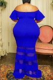 Blue Sexy Formal Solid Patchwork See-through Off the Shoulder Evening Dress Plus Size Dresses