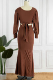 Brown Casual Solid Patchwork V Neck Long Sleeve Dresses