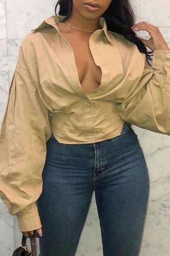 Khaki Casual Solid Patchwork Turndown Collar Tops