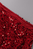 Red Sexy Solid Hollowed Out Sequins Patchwork Slit Oblique Collar Long Dress Dresses