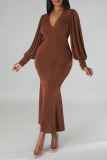 Brown Casual Solid Patchwork V Neck Long Sleeve Dresses