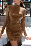 Brownness Fashion Sexy Solid Fold Turtleneck Long Sleeve Dresses