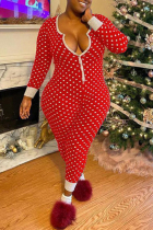 Red Casual Print Polka Dot Patchwork Buckle U Neck Plus Size Jumpsuits