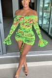Green Sexy Print Patchwork Fold Off the Shoulder Pencil Skirt Dresses