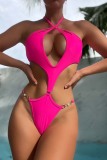 Yellow Sexy Solid Hollowed Out Frenulum Backless Swimwears (With Paddings)