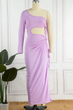 Purple Sexy Solid Hollowed Out Patchwork Slit Oblique Collar Long Dress Dresses