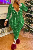 Green Casual Print Polka Dot Patchwork Buckle U Neck Plus Size Jumpsuits