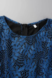 Blue Casual Patchwork Lace O Neck Long Sleeve Dresses