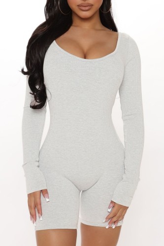 White Casual Solid Basic U Neck Long Sleeve Skinny Romper
