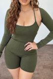 Olive Green Sexy Solid Patchwork Halter Long Sleeve Two Pieces