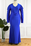 Blue Sexy Formal Solid Patchwork V Neck Long Sleeve Plus Size Dresses