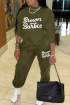 Army Green Casual Print Patchwork O Neck Long Sleeve Two Pieces
