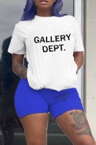 Blue Casual Print Letter O Neck Short Sleeve Two Pieces