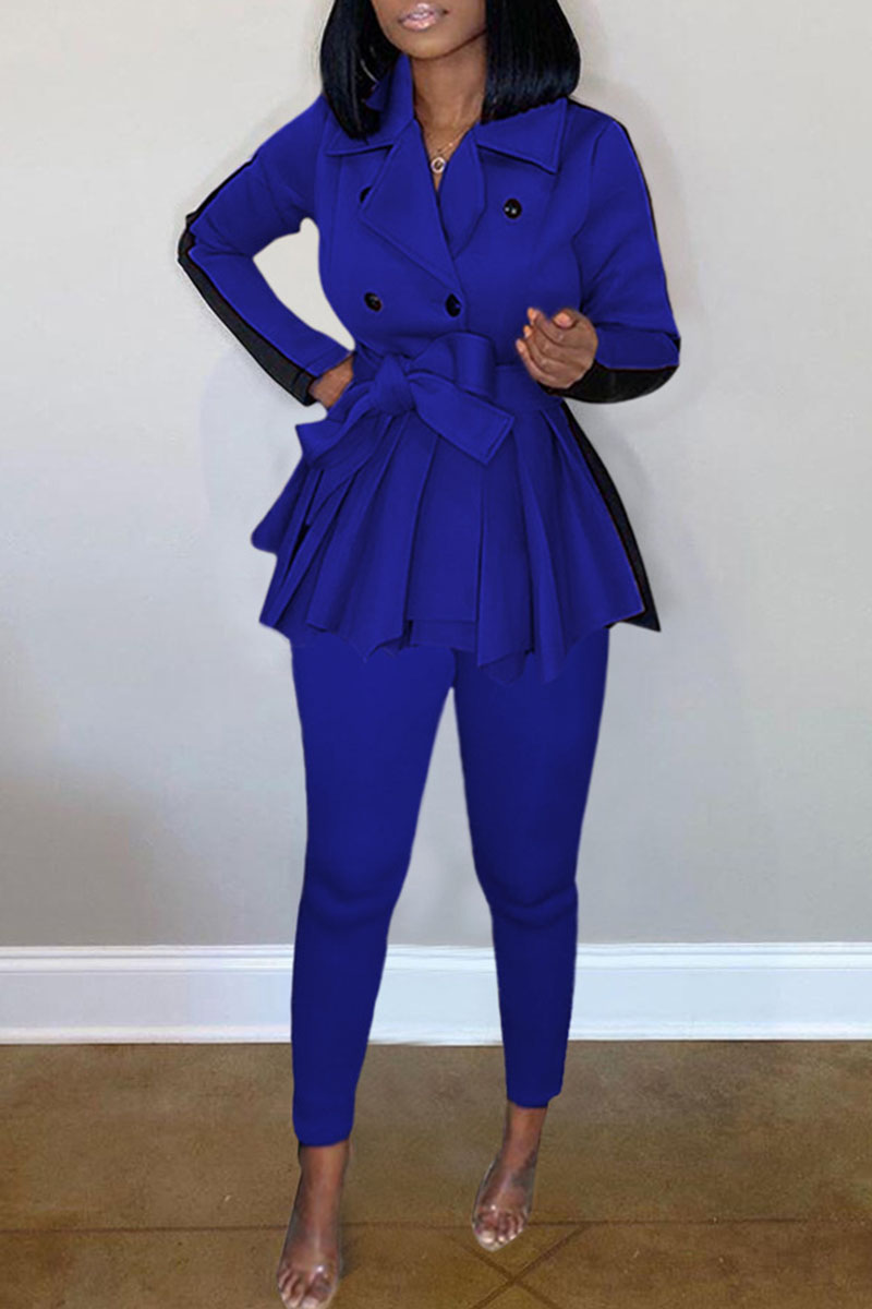 Casual Solid With Belt Turndown Collar Long Sleeve Two Piece(3 Colors)