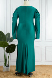 Green Sexy Formal Solid Patchwork V Neck Long Sleeve Plus Size Dresses