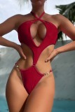 Rose Red Sexy Solid Hollowed Out Frenulum Backless Swimwears (With Paddings)