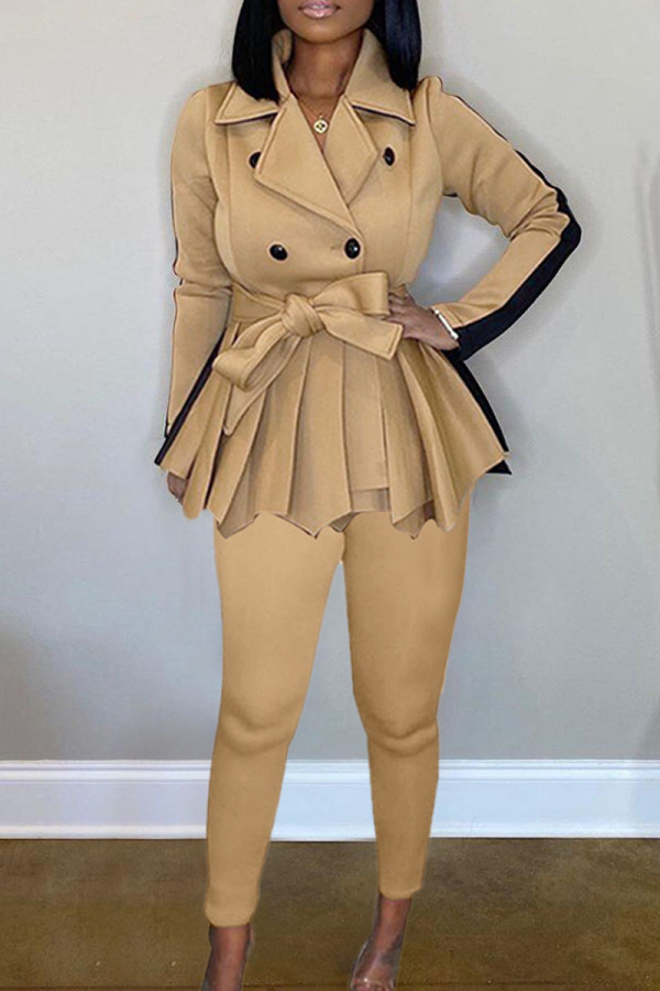 Work Elegant Solid Patchwork Turn-back Collar Long Sleeve Two Pieces