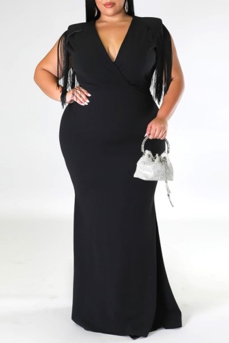 Black Casual Solid Tassel Patchwork V Neck One Step Skirt Plus Size Dresses
