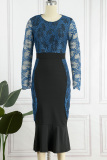 Blue Casual Patchwork Lace O Neck Long Sleeve Dresses
