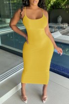 Yellow Sexy Casual Solid Backless Spaghetti Strap Long Dress Dresses