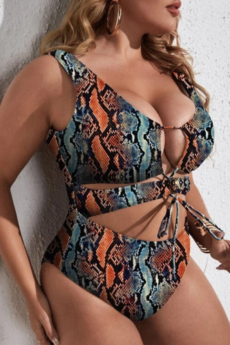 Blue Orange Sexy Print Bandage Hollowed Out Patchwork Plus Size Swimwear