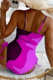 Purple Sexy Print Draw String Frenulum Backless Swimwears (With Paddings)