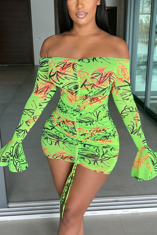 Green Sexy Print Patchwork Fold Off the Shoulder Pencil Skirt Dresses