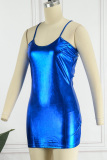 Blue Sexy Solid Backless Cross Straps Spaghetti Strap Sleeveless Dress Dresses