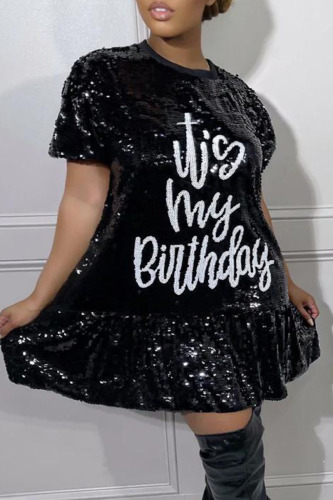 Black Casual Solid Sequins Patchwork Flounce O Neck Straight Dresses