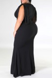 Black Casual Solid Tassel Patchwork V Neck One Step Skirt Plus Size Dresses