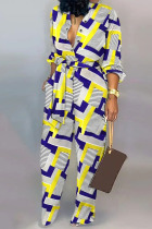 Yellow Casual Print Patchwork Buckle With Belt Straight Jumpsuits