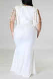 White Casual Solid Tassel Patchwork V Neck One Step Skirt Plus Size Dresses