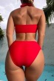 Rose Red Sexy Solid Draw String Frenulum Backless Three Piece Sets (With Paddings)