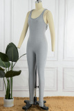 Grey Sexy Casual Solid Backless U Neck Skinny Jumpsuits