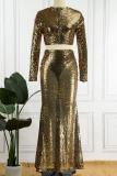 Gold Sexy Solid Sequins Patchwork O Neck Long Sleeve Two Pieces